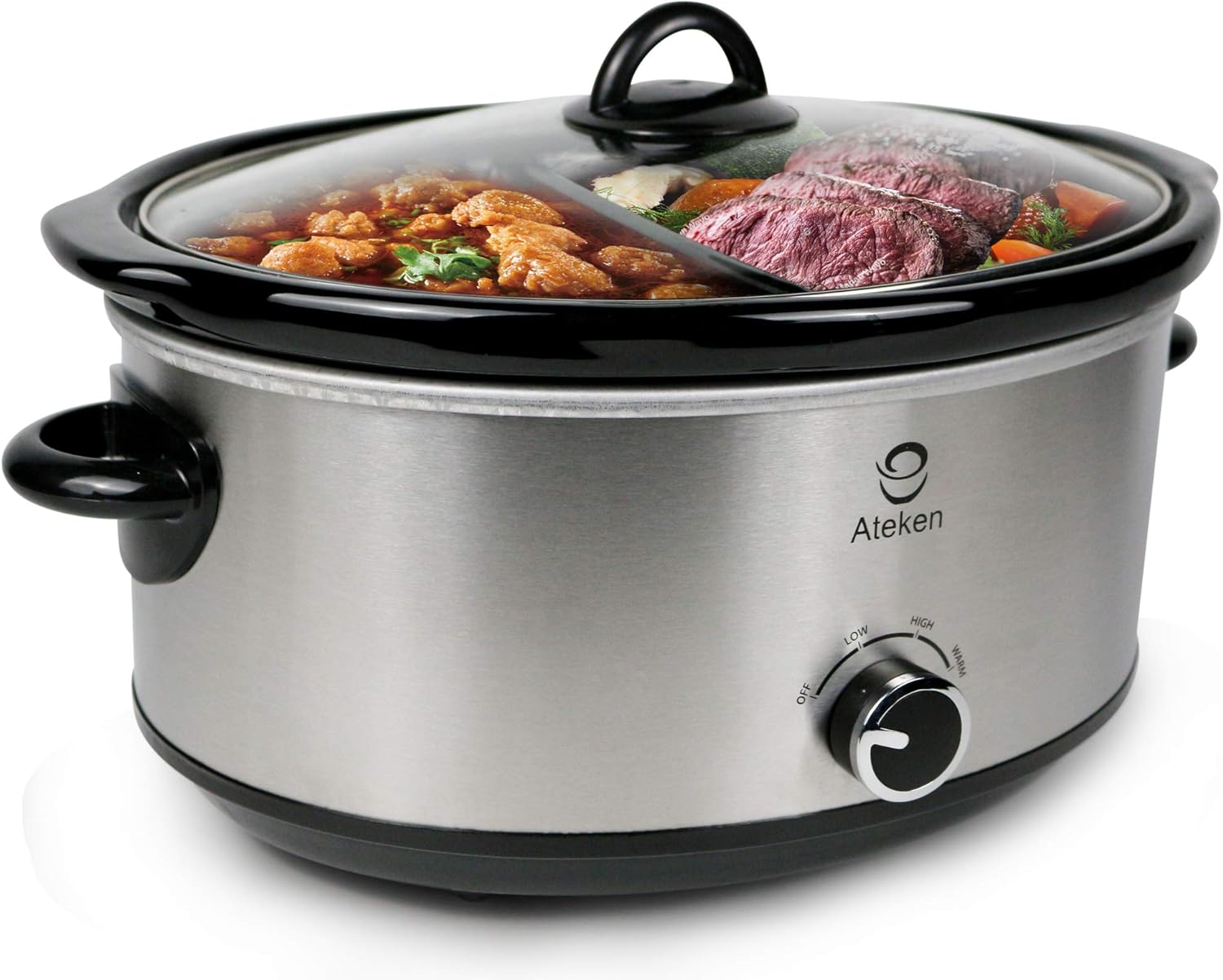 Ateken Slow Cooker 2x3.5 Quart Oval Double-Flavor Pot with Tempered-Glass Lid and Black Ceramic Pot Stainless Steel