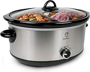 Ateken Slow Cooker 2x3.5 Quart Oval Double-Flavor Pot with Tempered-Glass Lid and Black Ceramic Pot Stainless Steel