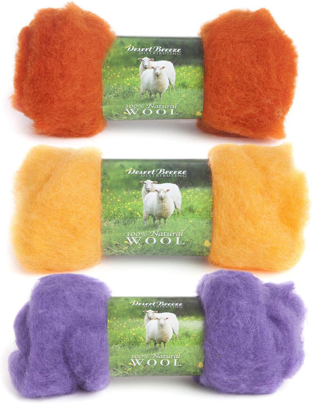 Maori Wool by DHG for Needle Felting, 3 Colors, Violet, Ginger, Tangerine, 1 Ounce Each, Carded Wool Batts, 100% Pure Wool, Collection Nine