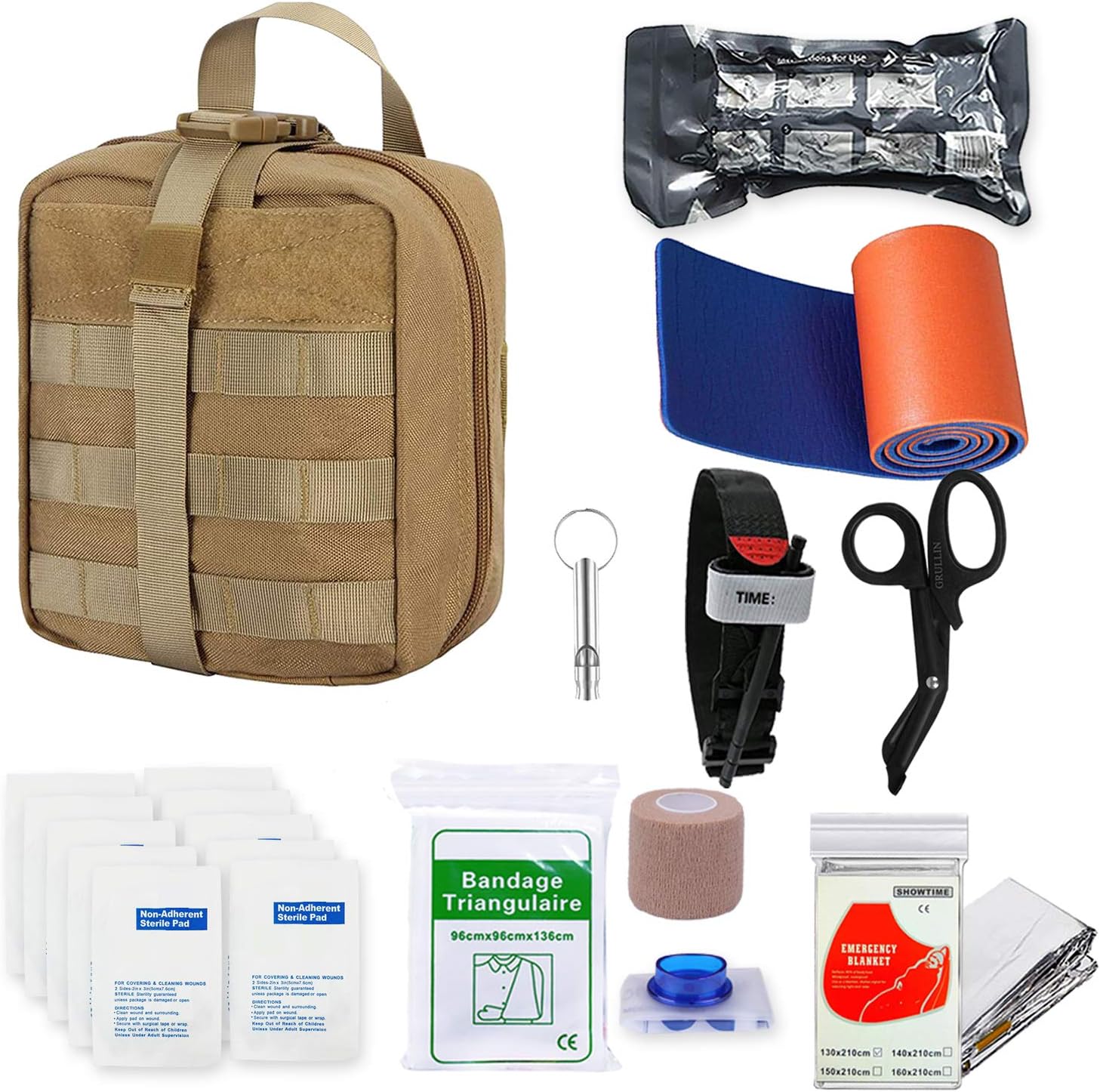 Amazon Co Jp Grullin 救急箱戦術的なバッグ 止血帯 付着スティック マイラーブランケット サバイバルホイッスル Cprマスク アルコールパッド イスラエルの包帯 添え木ロール 医療用emtはさみ カーキ スポーツ アウトドア