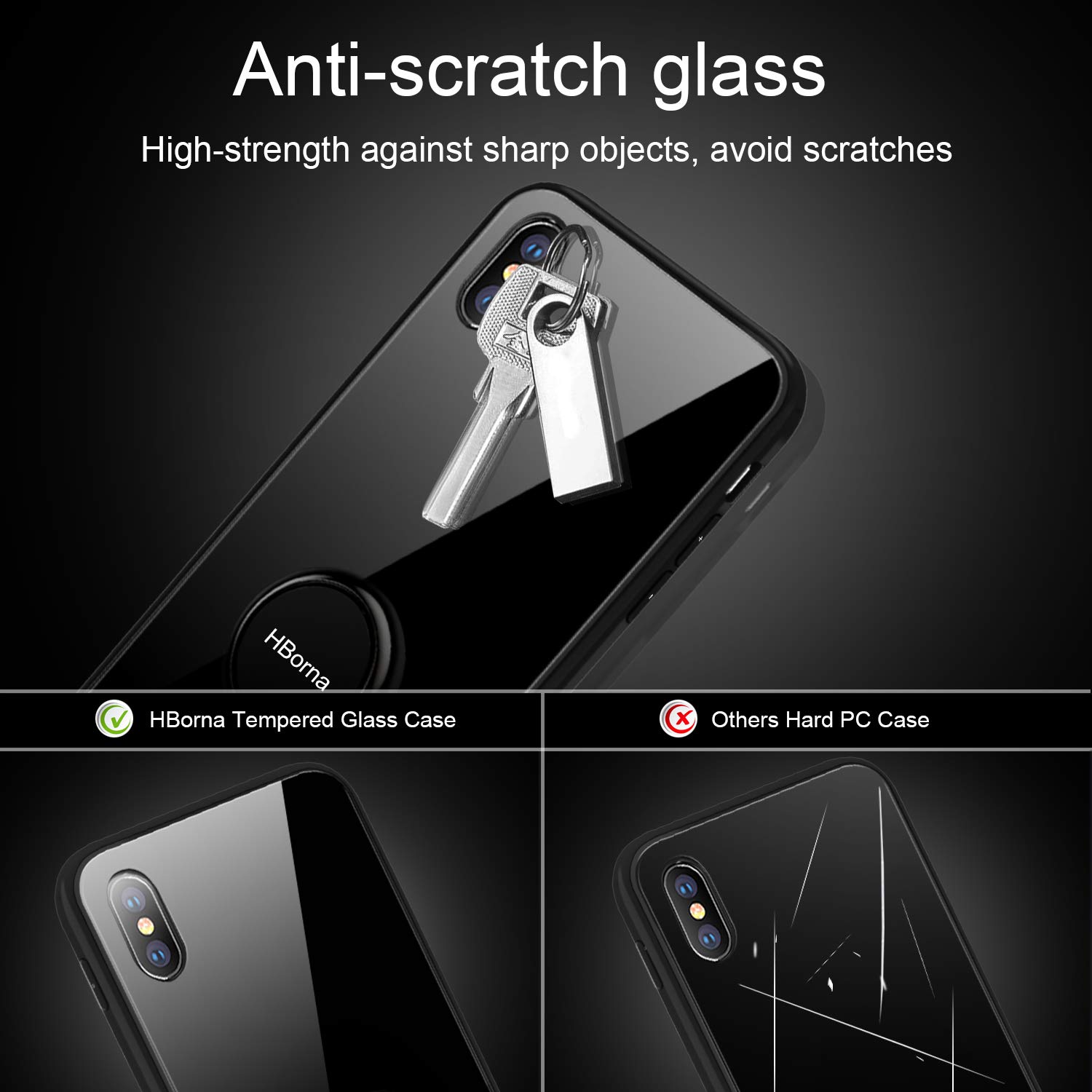 HBorna iPhone X Hülle，Kratzfest Gehärtetes Glas Rückschale Schutzhülle & Schutzfolie TPU Bumper mit 360 Grad drehbarer Ring Ständer for Apple iPhone X, iPhone 10 (Schwarz)