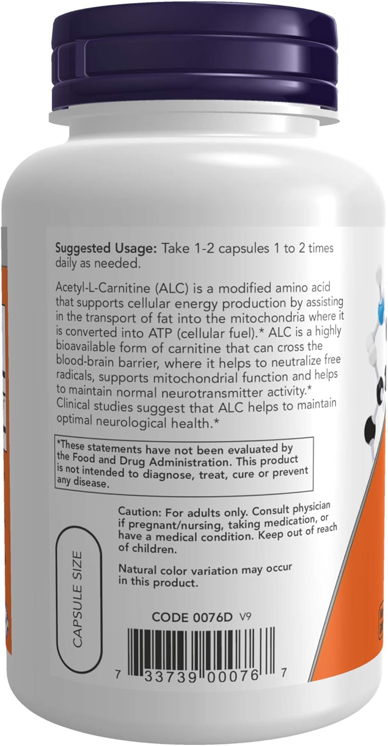 NOW Supplements, Acetyl-L Carnitine 500 mg, Amino Acid, Brain And Nerve Cell Function*, 100 Veg Capsules: Health & Personal Care