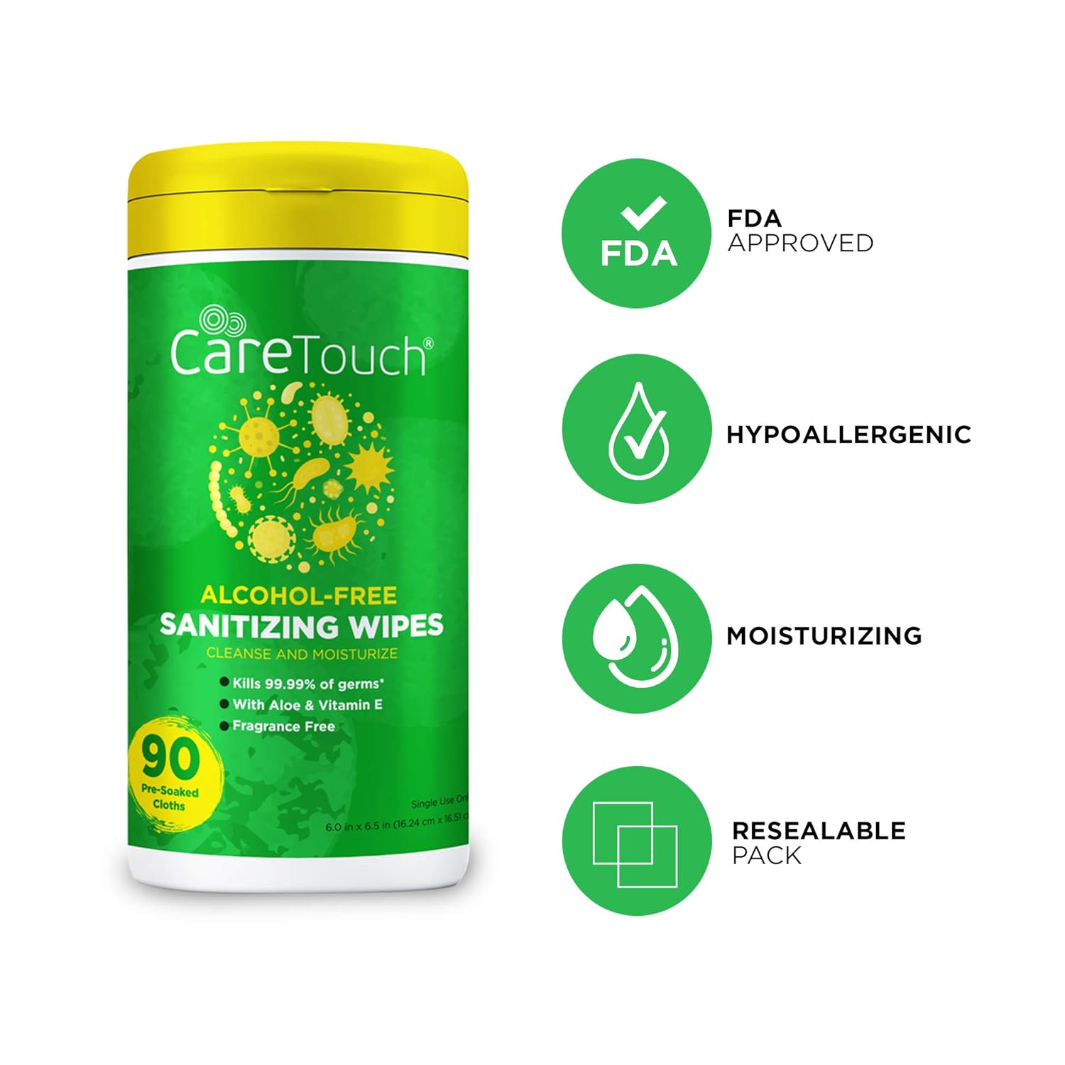 Care Touch - CTAFWC90US-VC Alcohol-Free Hand Sanitizing Wipes - 1 Canister | 90 Antibacterial Wipes with Vitamin E + Aloe Vera | Made in The USA: Industrial & Scientific