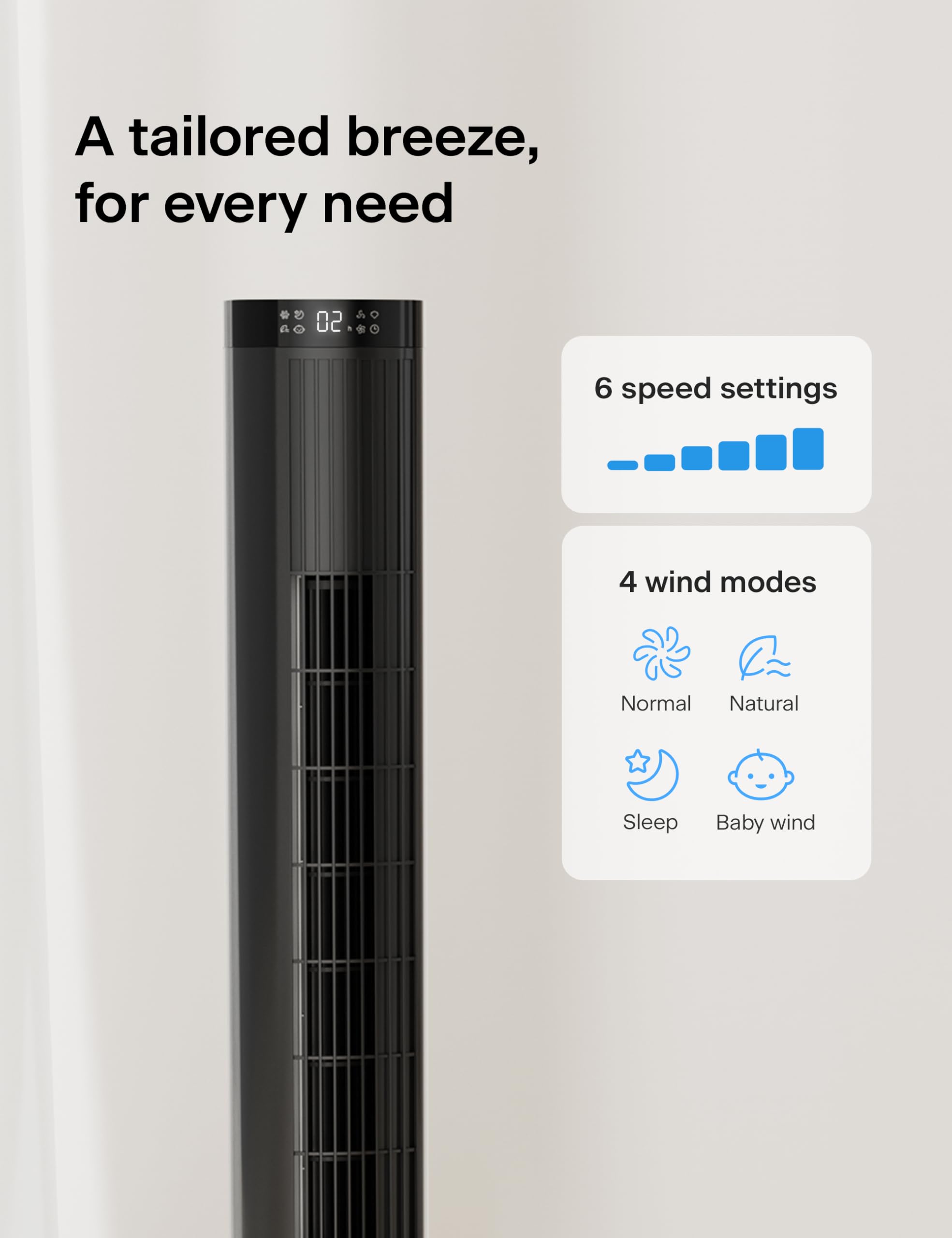 PELONIS 42-Inch Tower Fan for Bedroom – 26ft/s, 90° Oscillating Tower Fan with Remote Control, LED Display – Floor Fan for Indoors with 6 Speeds, 4 Modes and 24-Hour Timer – ETL Certified