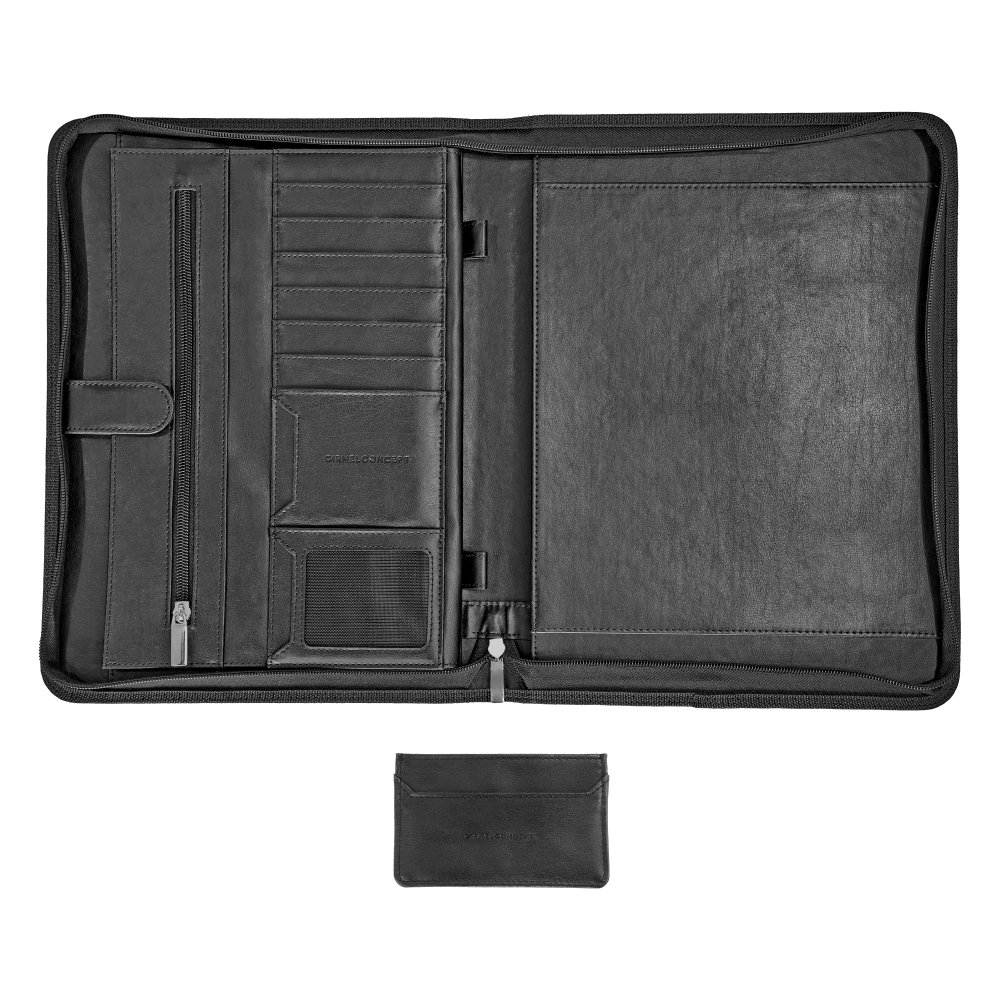 CARMEL CONCEPT Professional Padfolio with Bonus Business Card Holder, Vegan Leather Portfolio Folder with Zippered Closure, Resumes Interview Notebook Document Storage, Writing Pad & Tablet Sleeve, Black