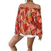 MakeMeChic Women's Off Shoulder Blouse Lantern Long Sleeve Frill Trim Floral Print Shirt Tops