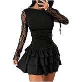 SHENHE Women's Lace Ruffle Layered Mini Dress Y2K Bodycon Long Sleeve Ruched Party Dresses