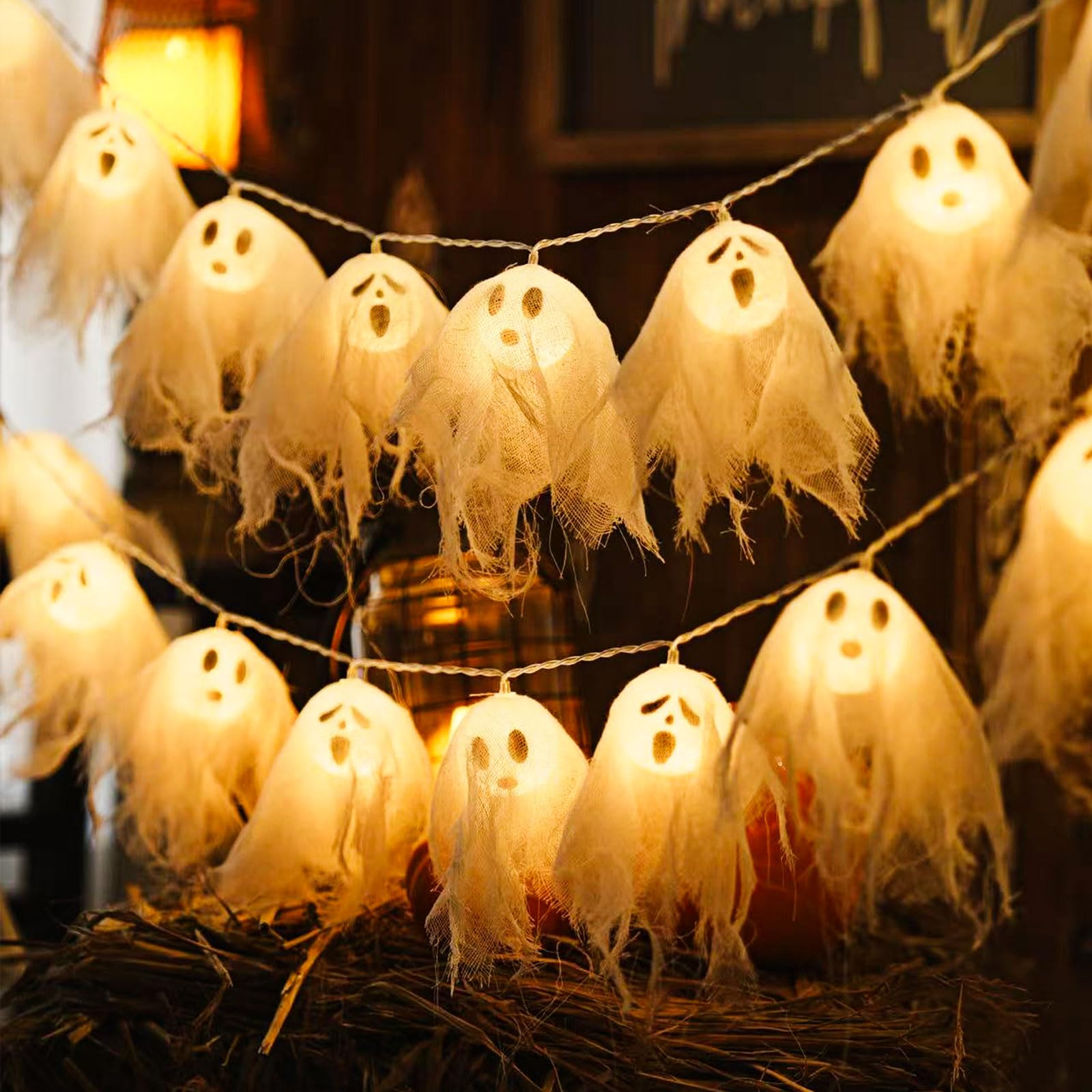 Photo 1 of 10 Feet Halloween Ghost Dector String Lights Garland with 20 LED Ghosts, 8 Light Modes, Battery Operated, Waterproof, 6-Hour Timer, Energy Saving, for Indoor & Outdoor Party and Holiday Decorations