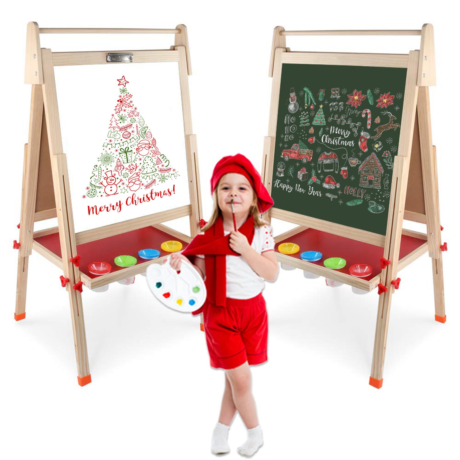 kramow Wooden Kids Easel, Chalkboard and Whiteboard, Height Adjustable, with Painting Accessories, Art Toys Gifts for Kids Boys Girls 3 + Years Old