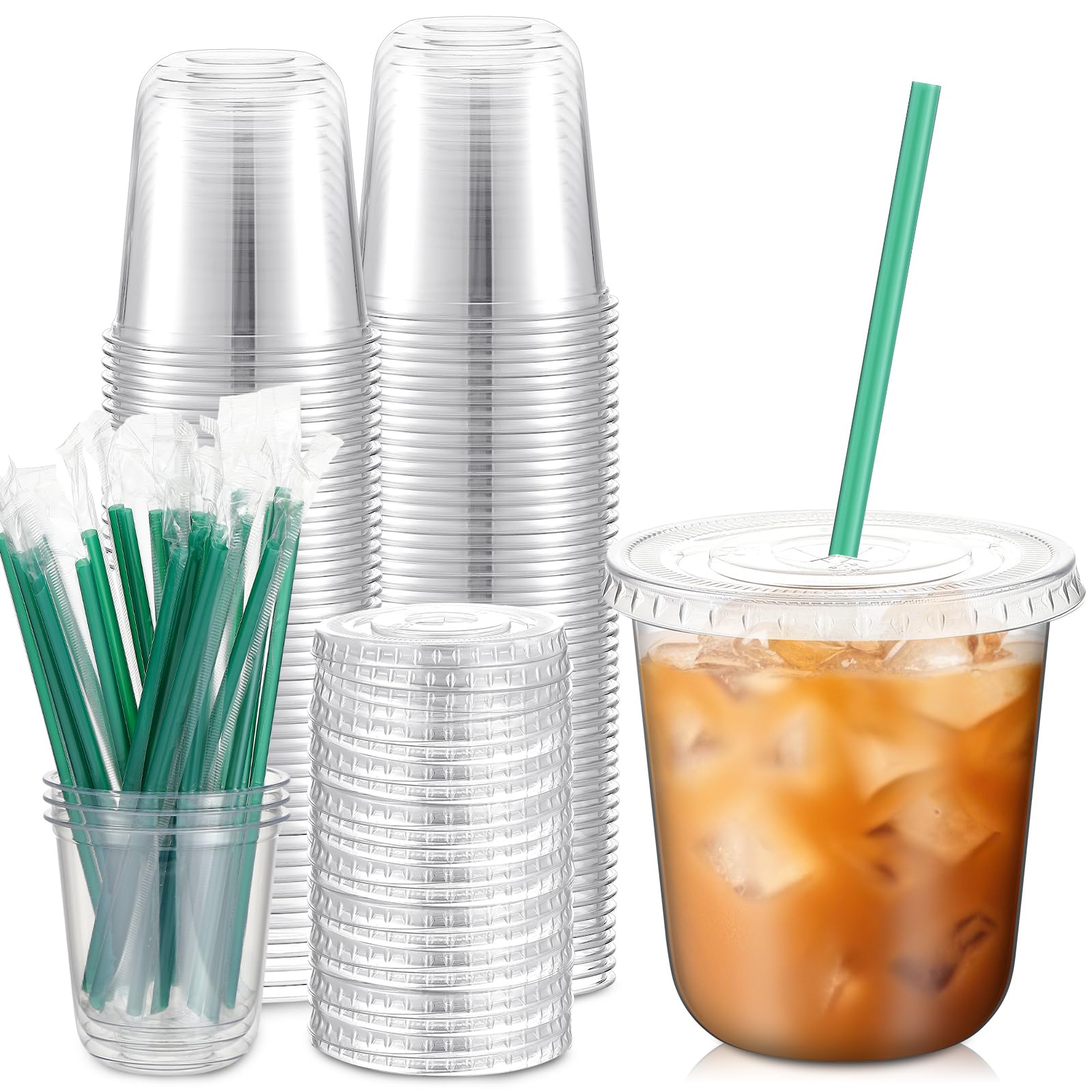 Photo 1 of Baderke 25 Set Plastic Cups with Lids and Straws, Disposable Plastic Iced Coffee Cup for Cold Beverage Juice Smoothie Crystal for Coffee Shops Party Catering(Clear,12 oz)