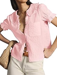 Tankaneo Womens Puff Sleeve Shirts Peter Pan Collar