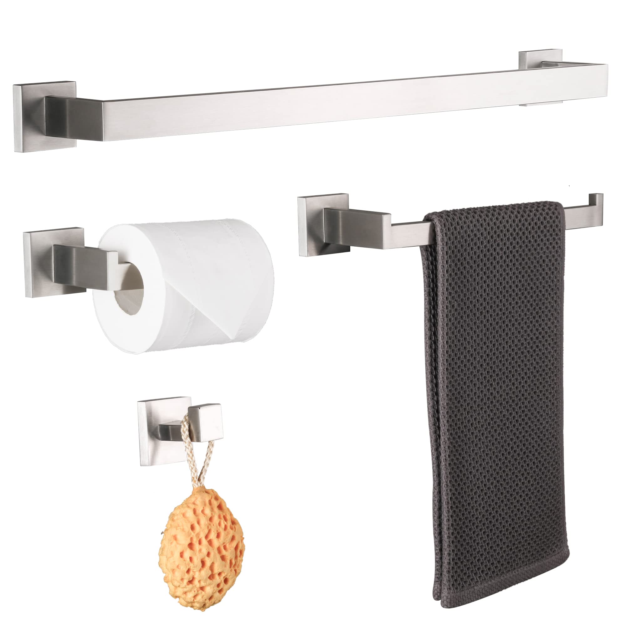 DUFU SUS304 Towel Holder with Bath Towel Rail 60 cm Towel Rail Toilet Roll Holder Robe Hook Wall Mount Stainless Steel SUS304 Brushed Silver