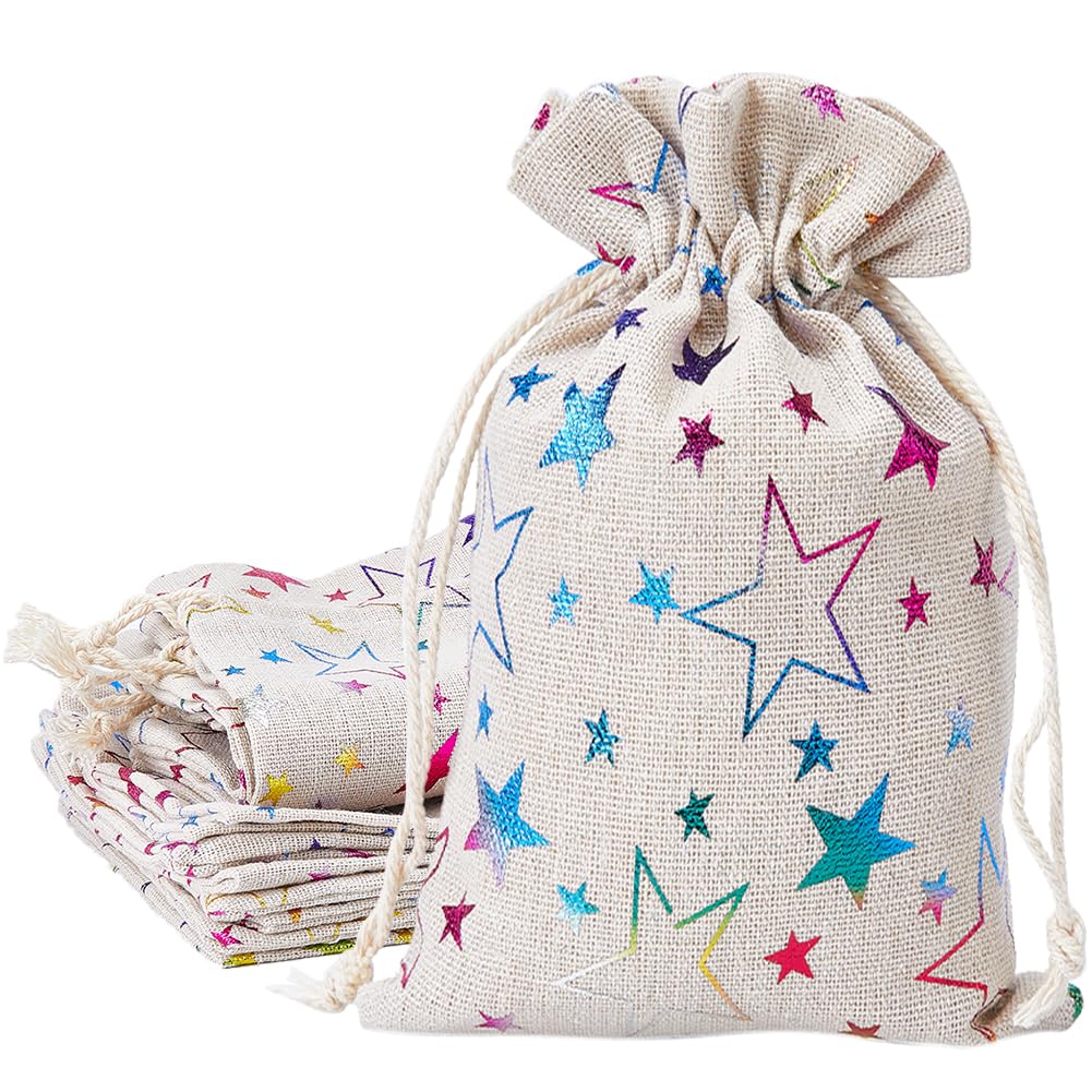 GORGECRAFT 12-Pack Reusable Jute Burlap Canvas Gift Bags 18m*13cm Christmas Cloth Star Print Storage Pouches Rectangle Drawstring Bags for Candy Gift Bags Presents Party Favors Retail Samples
