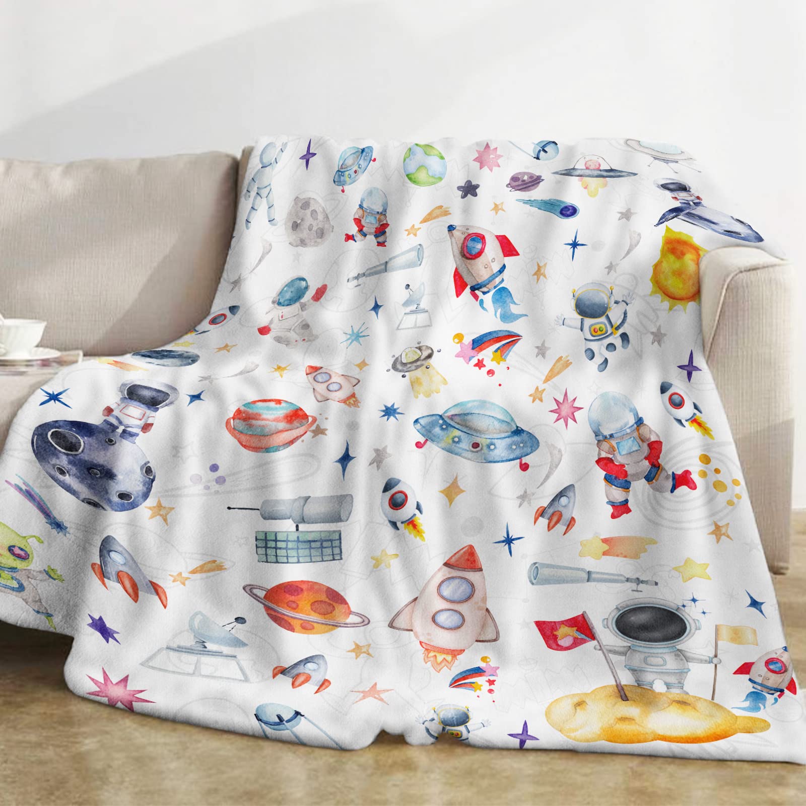 Domgoge Space Throw Blanket, Blankets Kids, Soft Cozy Fleece Planets, Fluffy Fuzzy Flannel Outer Rocket Astronaut Galaxy Universe for Teen Boy Men Sofa Bed, 130x152cm, Space-white
