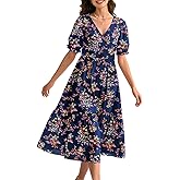 BOHOWE Womens Summer Short Sleeve Midi Dress High Waist A-Line Casual Dresses 2026 Beach Outfits with Pocktes