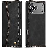 QLTYPRI for iPhone 17 Pro Max Case Wallet with Card Holder, Vintage PU Leather Kickstand Magnetic Closure Shockproof Folio Book Cover Case for iPhone 17 Pro Max - Retro Black