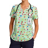 Wayleb Women's Print Scrub Tops V Neck Short Sleeve Fun Scrubs Shirts | Cute Cartoon Patterned Scrubs Shirts for Nurses Pediatric Veterinary with 3 Pockets