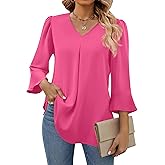 Funlingo Womens 3/4 Length Sleeve Tops Dressy Casual V Neck Business Chiffon Blouses Pleated Trendy Work Shirts