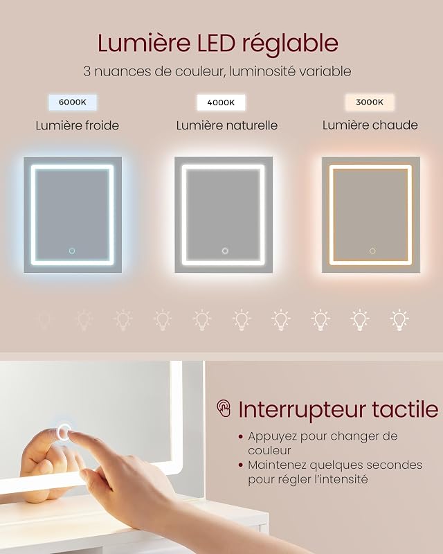 Coiffeuse avec Miroir LED, 1 Tiroir, 2 Étagères, Placard
