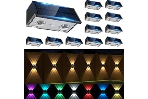 SIAFAVOI Solar Fence Lights Outdoor, 12 Pack Warm & Cool White RGB LED IP68 Waterproof Wall Mount Sconce Up & Down Solar Lights for Outside Garden Patio Backyard Garage Step（Black