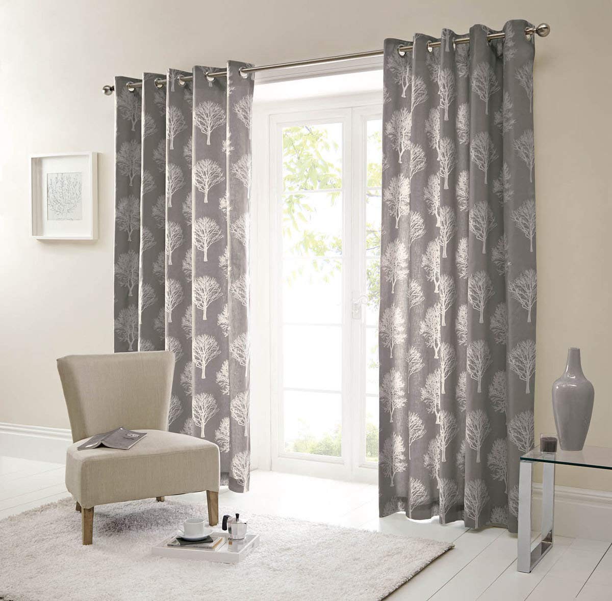Fusion - Woodland Trees - 100% Cotton Pair of Eyelet Curtains - 46" Width x 54" Drop (117 x 137cm) in Charcoal