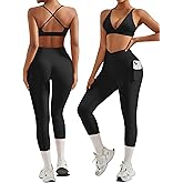 RXRXCOCO 2 Piece Workout Sets for Women Strappy Sports Bra Booty Leggings with Pockets Yoga Gym Outfits