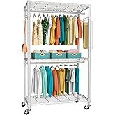 FUTASSI P1 Heavy Duty Garment Rack, 3 Tiers Adjustable Rolling Metal Closet Organizer with Lockable Wheels, FreeStanding Wardrobe with Double Hanger Rods & 1 Pair Hooks, Max Load 450 LBS, White
