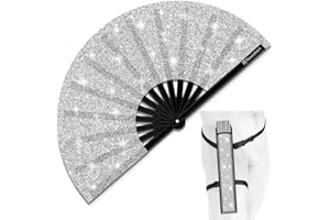 Raveahem Glitter Large Rave Folding Clack Hand Fan with holster for men/women Handheld Fan for EDM,Festival,Club,Party,Dance (Silver)