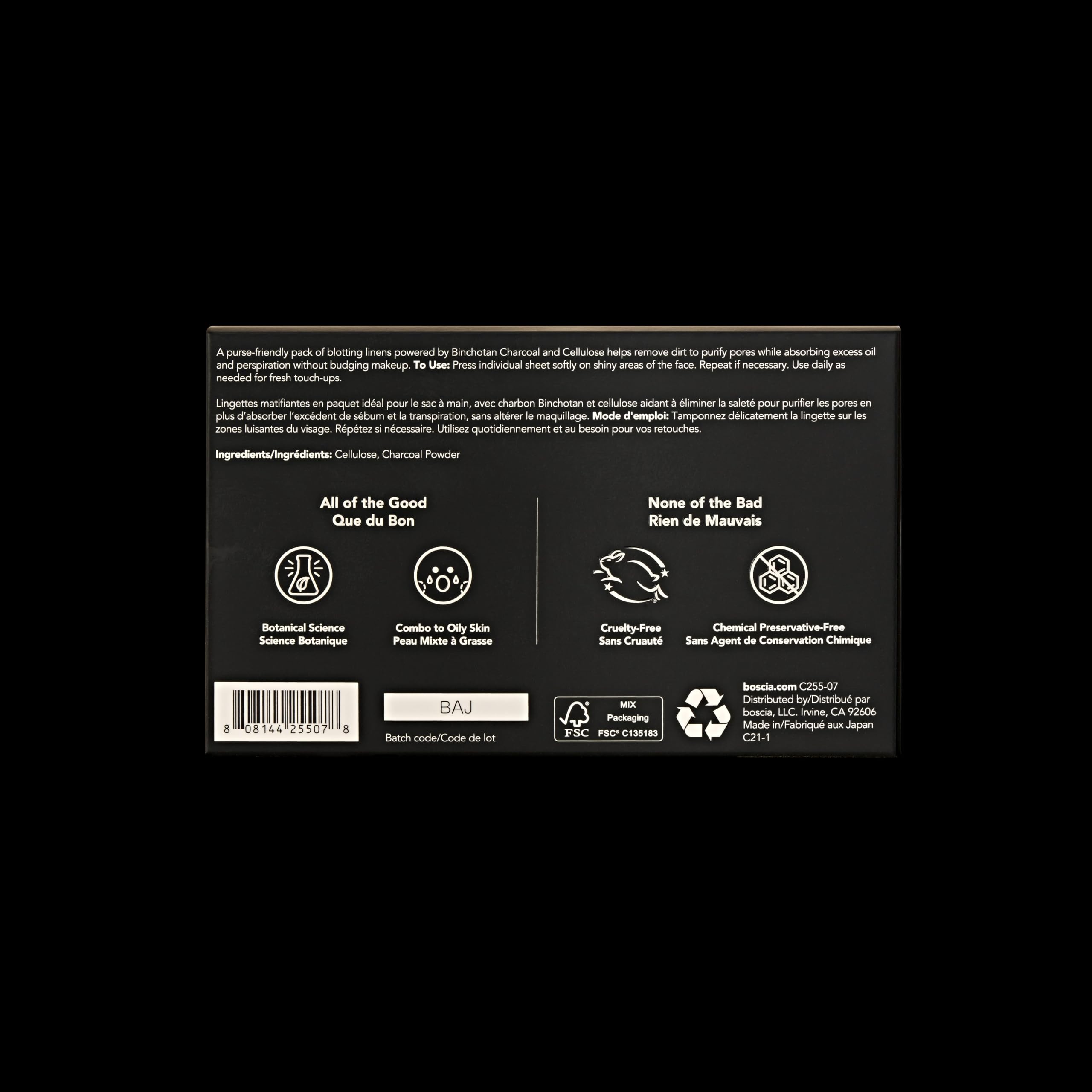 boscia Black Charcoal Blotting Linens - Vegan, Cruelty-Free, Natural Skin Care - Oil Blotting Sheets for Face - For Combination to Oily Skin Types - Travel Size - 100 Sheets