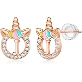 Unicorn Earrings for Girls Kids, Sterling Silver Post Earrings Unicorn Earrings for Girls Hypoallergenic Initial Earrings for Girls Kids Toddler Little Girls Gifts Christmas Gifts for Teen Girls