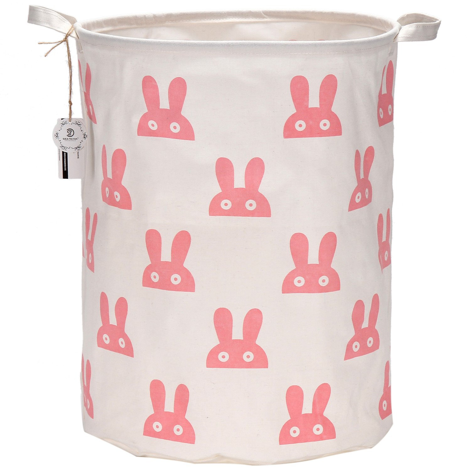 Sea Team 19.7 Inch Large Sized Waterproof Coating Ramie Cotton Fabric Folding Laundry Hamper Bucket Cylindric Burlap Canvas Storage Basket with Stylish Pink Bunny Design