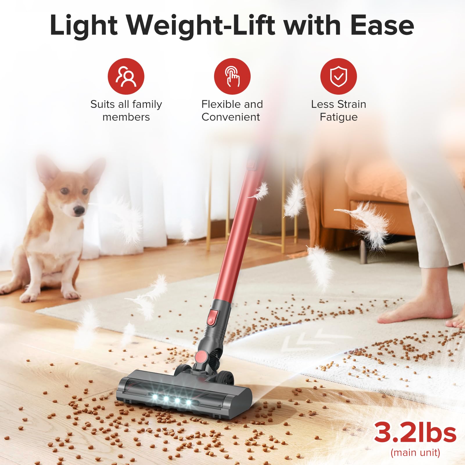 Cordless Vacuum Cleaner with Self-Standing, 40KPA Stick Vacuum Cleaners for Home, 8-in-1 Lightweight Rechargeable Vacuum, 7-Layer Filtration,Ideal for Carpet, Pet Hair, Hardwood Floors