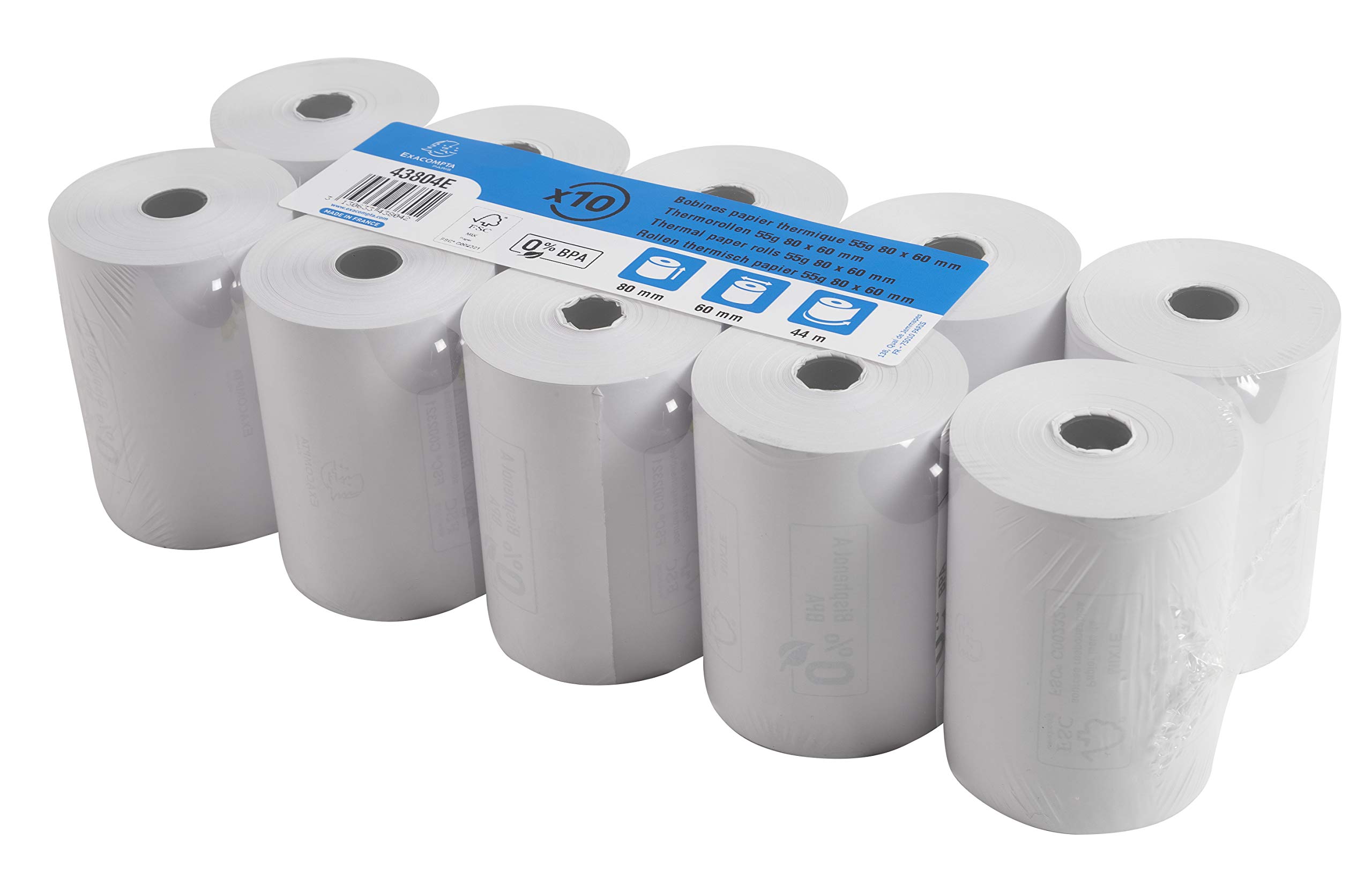 Exacompta - Ref 43804E - Cash Register Receipt Roll (Pack of 10 Rolls) - 80mm Width x 44m Length, Suitable for Shops, Kiosks, Cafés, Restaurants, Card Payments