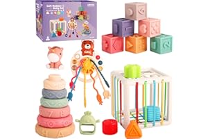 UNIWA 6-in-1 Montessori Toys Set Include Shape Sorte Bin, Travel Pull String Toy, Stacking Building Blocks & Rings for Infants, Silicone Teething Toy, Mini Unicorn Toy, Sensory Toys for Infants and Toddlers