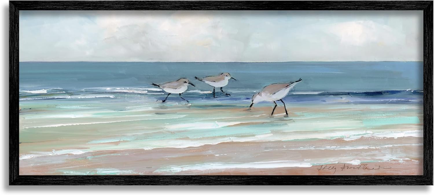 Paintings - Stupell Industries Panoramic Sandpipers Birds Shoreline Ocean Landscape Painting,Design by Sally Swatland