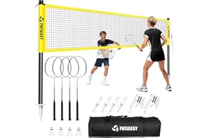 Patiassy Badminton Set for Backyard, Portable Anti-Sag Badminton Net with 4 Badminton Rackets, 4 Nylon Shuttlecocks and Carry Bag, for Lawn Beach Family Games