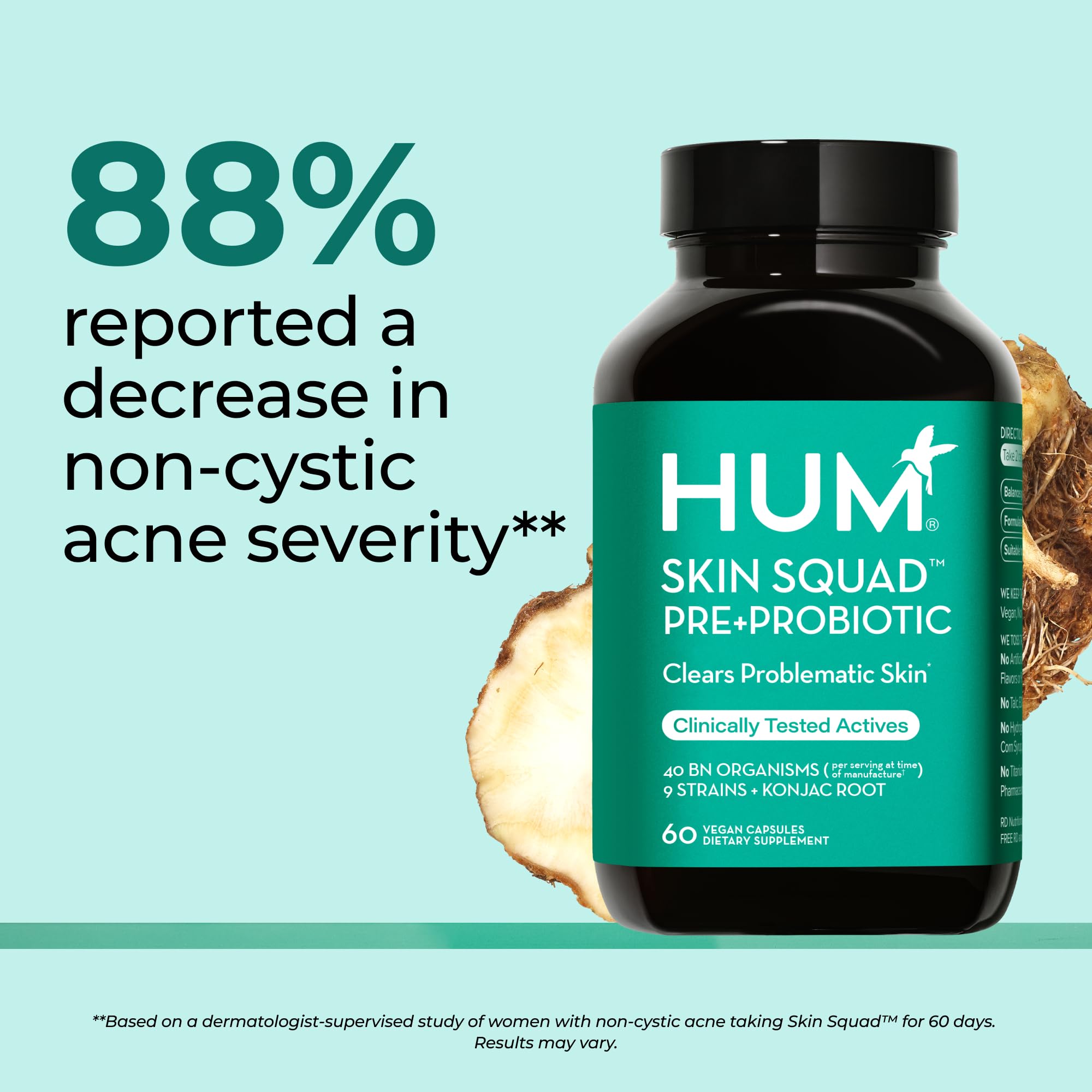 HUM Skin Squad - Probiotic Supplement for Clear Skin & Gut Health - Microbiome Probiotics for Breakouts (60-Count)