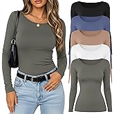 Velvelhall 5 Pack Women's Long Sleeve Shirts Scoop Neck Tops Slim Fit Stretchy Undershirts Casual Base Layer Multipack