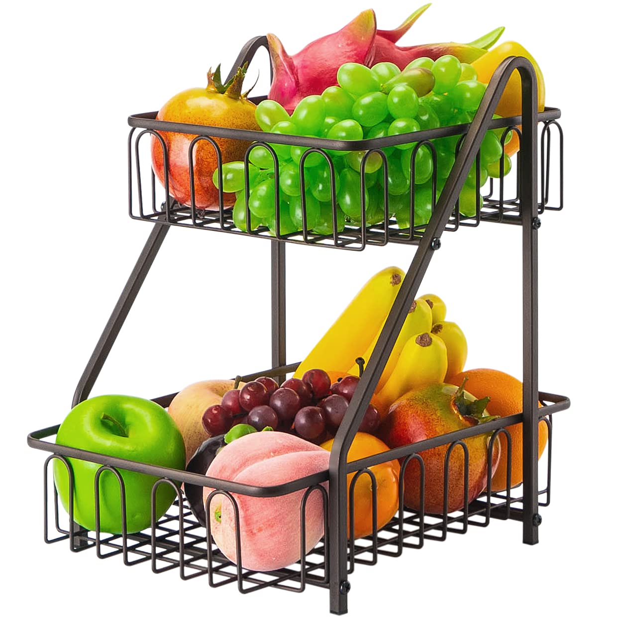 Lekind 2 Tier Fruit Rack With Banana Hanger, Kitchen Countertop Basket and Vegetables Storage Rack, Metal, Keeps Produce Fresh, Bronze