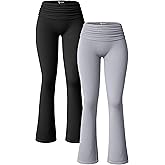 OQQ Women's 2 Piece Flared Pants Ribbed Fold Over Kick Ruched Stretch High Waist Casual Wide Leg