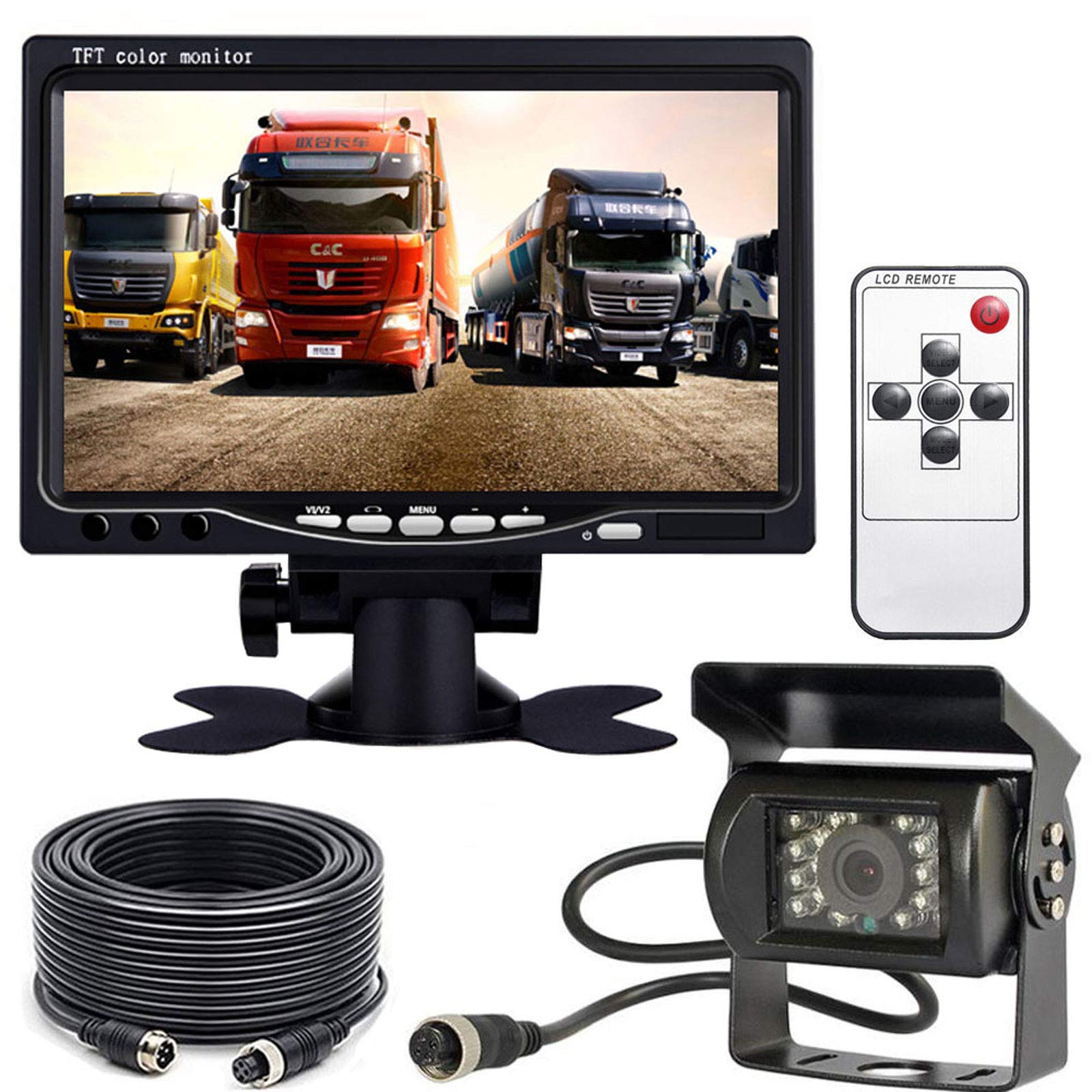 4Pin RV Bus Truck Trailer 18 IR LEDs Night Vision Waterproof Reversing Backup Rear View Camera +7" LCD HD Car Monitor with 15M(50ft) Aviation Extension Cable …
