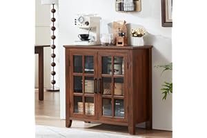 Joaxswe Large Sideboard Buffet Cabinet with Storage, 32" Farmhouse Brown Kitchen Coffee Wine Bar Cabinet with 2 Glass Doors, Wood Mid Century Modern Side Board Table for Dining Room, Living Room