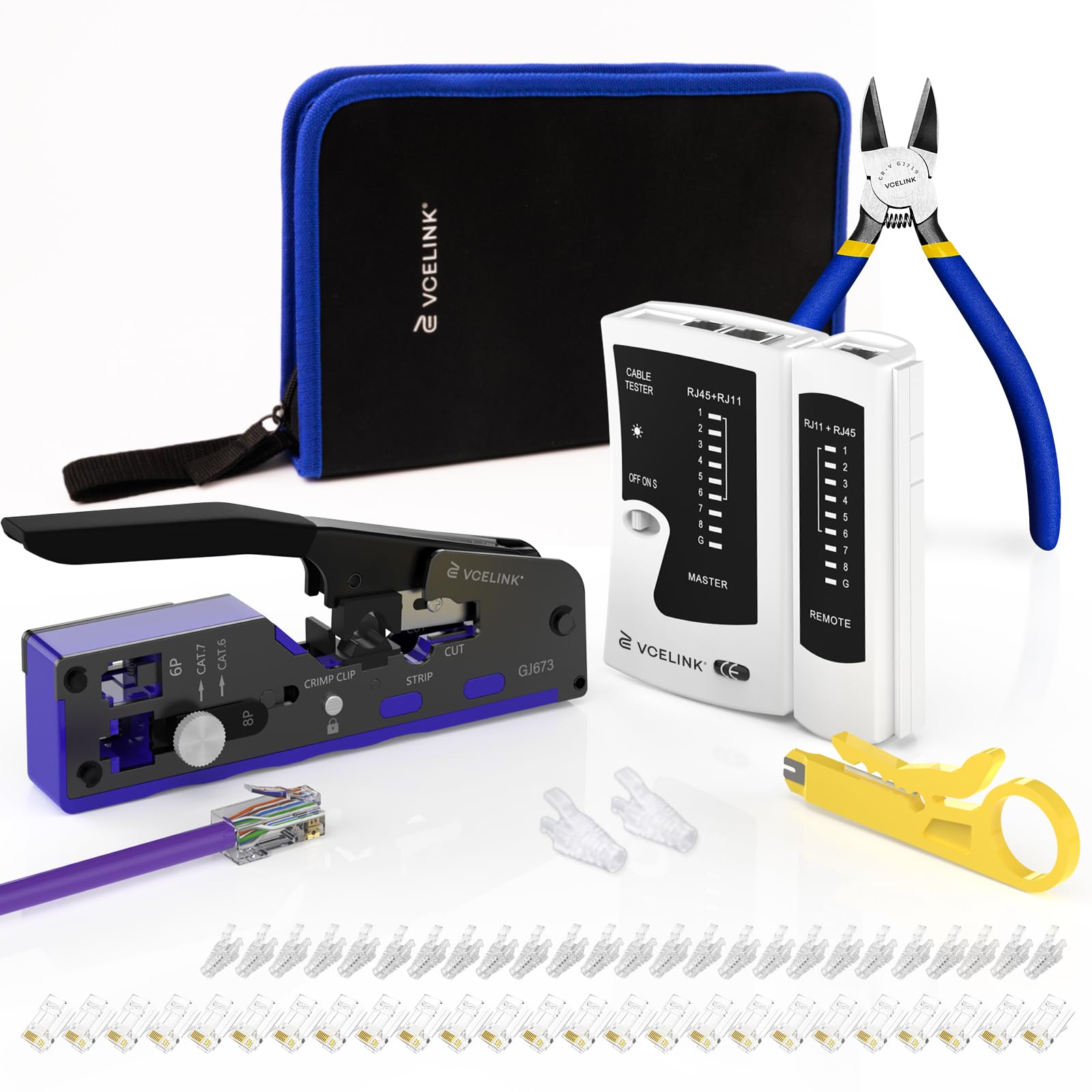 VCELINK Upgraded RJ45 Crimping Tool Kit for CAT7/6A/6/5E/5 with a Pass Through Ethernet Crimper,25 Cat6 RJ45 Connectors & Strain Relief Boots, Cable Tester, Wire Stripper and Cutter in a Cloth Bag