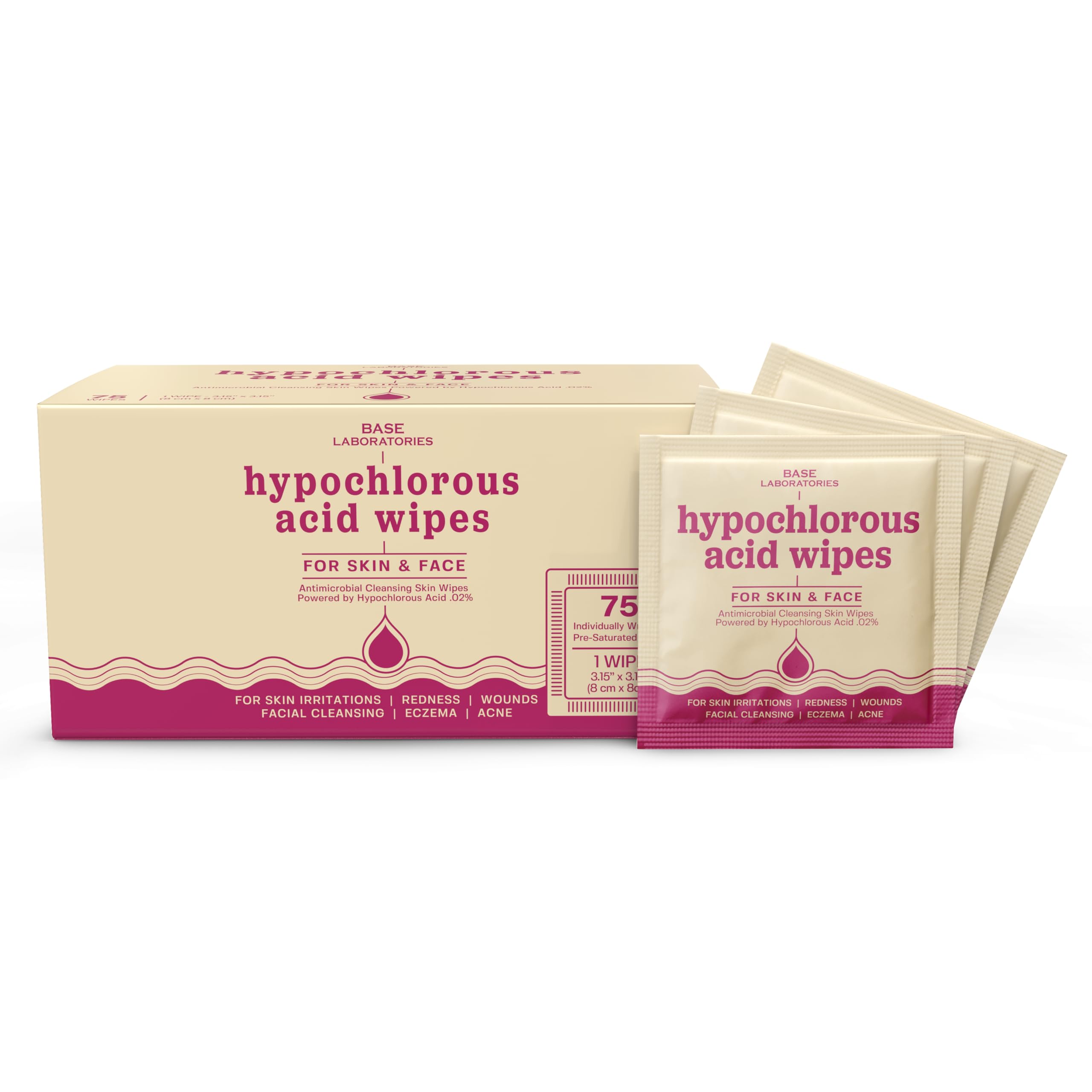 "Base Labs Hypochlorous Acid Wipes | Hypochlorous Infused Wound Cleaning Wipes for Skin & Face | Cleanses, Sanitizes & Soothes Skin Irritations, Fresh Piercings, Acne & Eczema | 75 units"