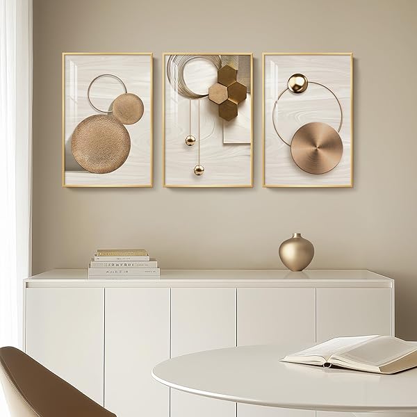 FRAMED MODERN LUXURY GOLD WALL ART, 3 PIECE BRIGHT STYLE ART PRINTS PAINTINGS ARTWORK FOR WALLS, BRONZE GOLD GEOMETRIC PICTURES FOR LIVING ROOM DINING ROOM BEDROOM WALL DECOR 16X24 IN
