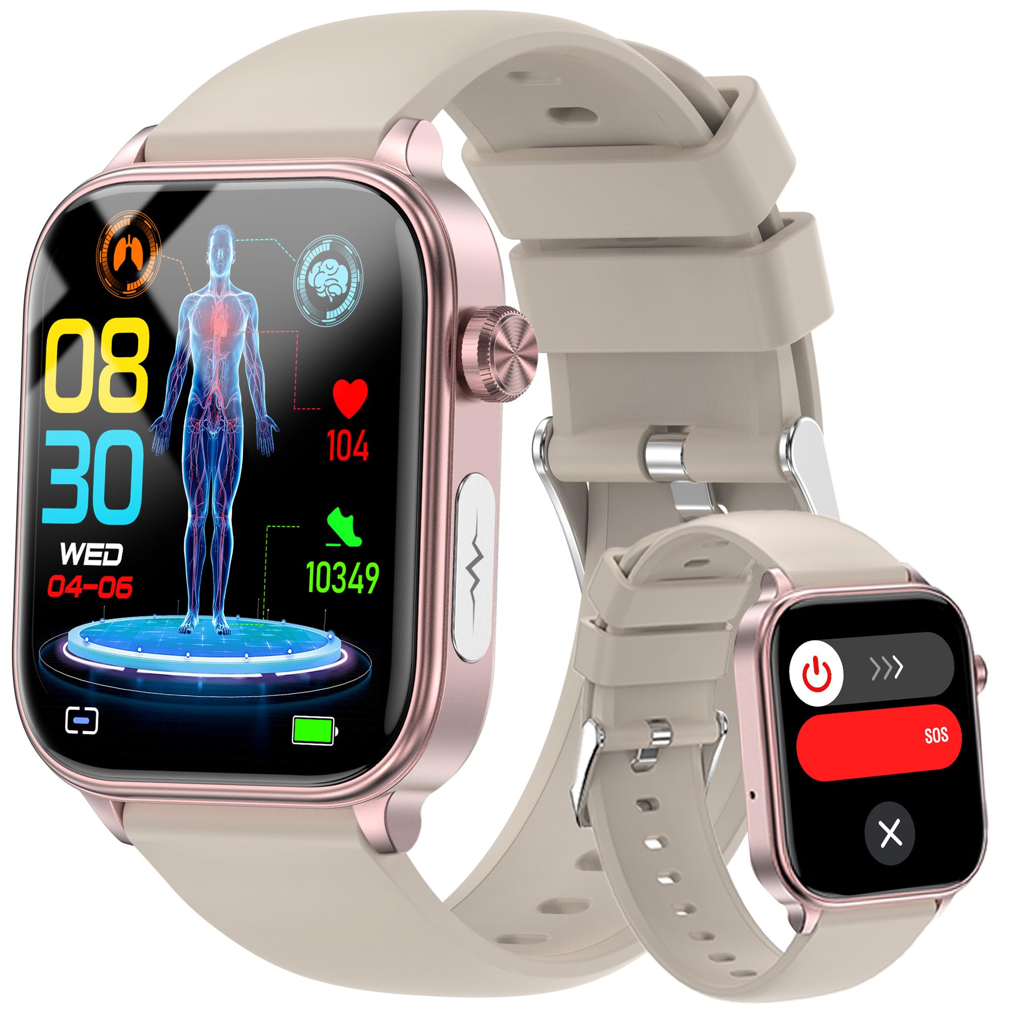 Photo 1 of hellibito Smart Watch for Men Women (Answer/Make Calls), 1.96" HD Screen Fitness Watch with Blood Pressure/Heart Rate/Sleep/Body Temperature/Stress Monitor, SOS Button, IP68 Waterproof (Khaki)