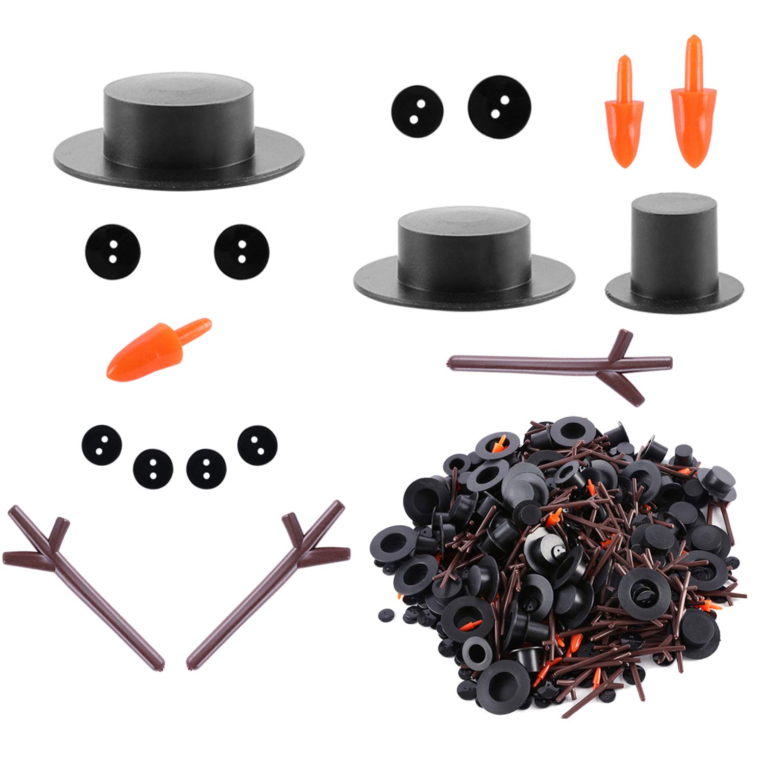 Feelfly 800 Pieces DIY Christmas Snowman Kit, Includes 80 Mini Black Top Hats, 80 Carrot Noses, 160 Snowman Hands and 480 Tiny Black Buttons for Christmas Crafting and Sewing Party Supplies (#B)