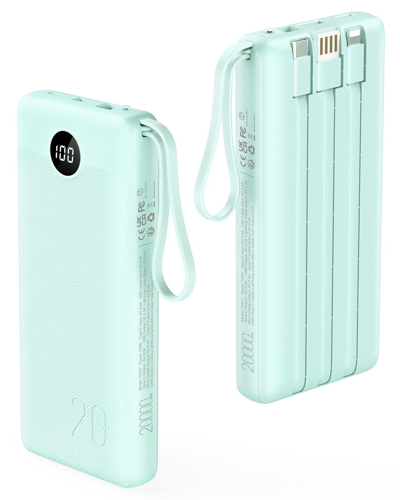 VRURC Portable Charger 20000mAh, Built-in Cables Fast Charging Power Bank, PD QC 3.0 Travel Essentials Battery Pack, 4 Output & 2 Input Phone Charger for iPhone16 15 14 13 X, Samsung, Android