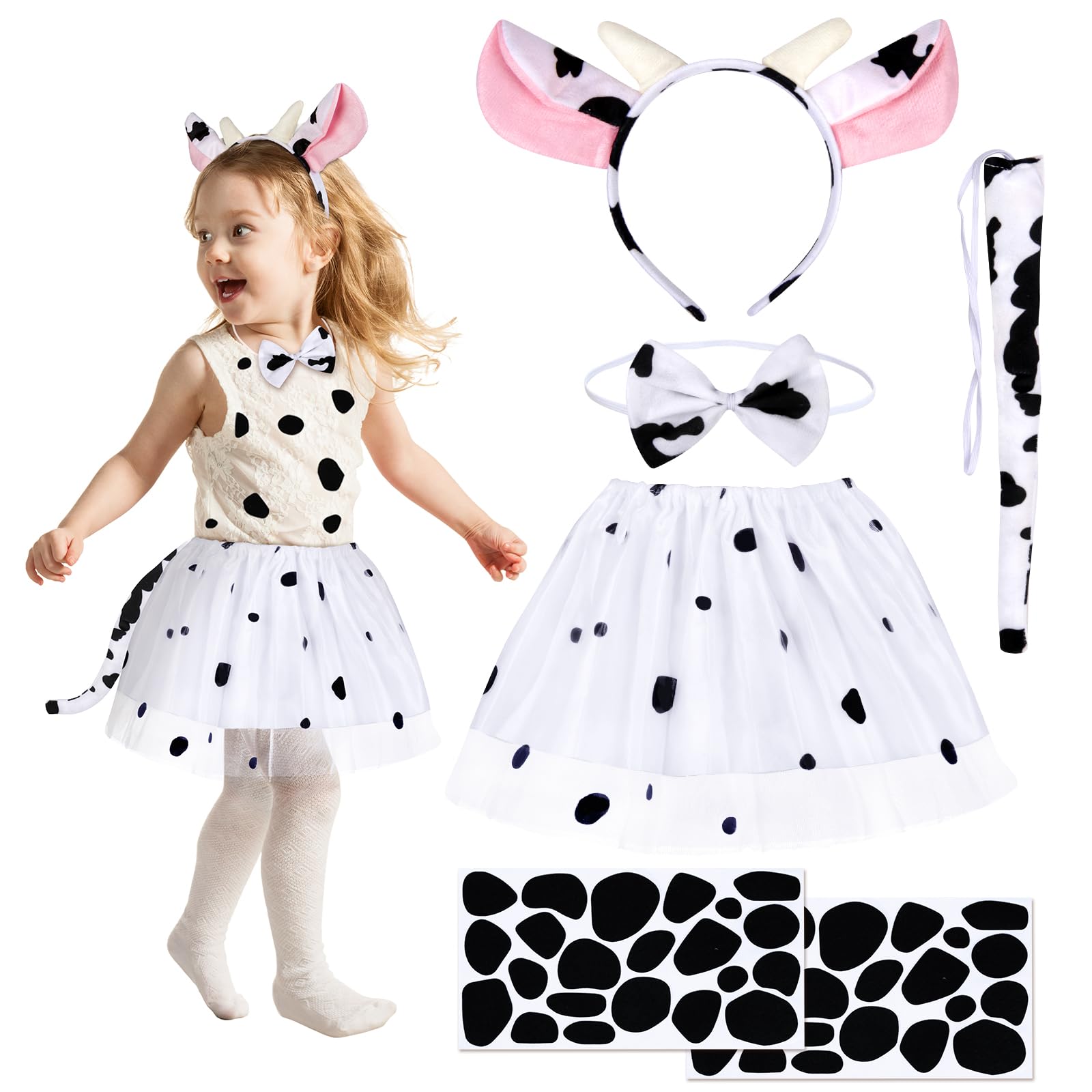 HONMOK 5 Piece Kids Cow Costume Set Cow Outfit with Tutu Skirt Ears Headband Bowtie Tail Stickers Animals Fancy Dress for Girls Halloween Carnival World Book Day Cosplay Accessories — image 1