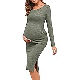 Ficerd Women's Ribbed Knit Maternity Dresses Long Sleeve Pregnancy Bodycon Dress 2025 Split Stretchy Clothes for Baby Shower